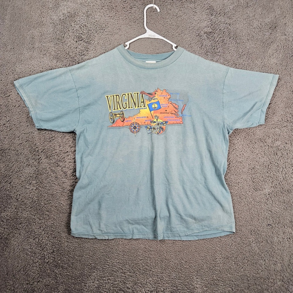 Vintage Tultex Virginia State Map Graphic T-Shirt 2XL Blue 90s Made In USA‎